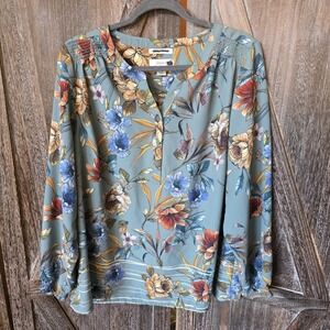 CJ Banks Shirt Women's Size 1X Teal Floral Tunic Long Sleeve Lightweight V-Neck